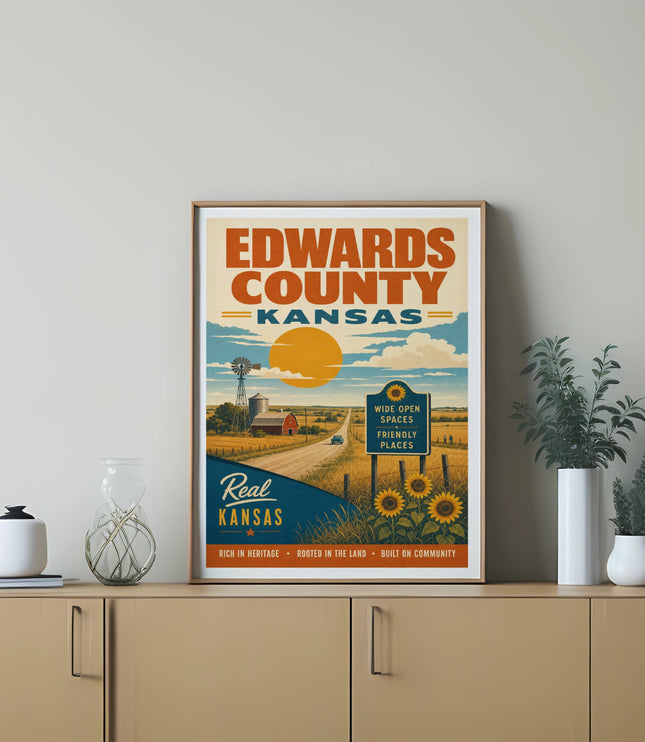 Edwards County Kansas vintage travel poster with farm scene and sunflowers.