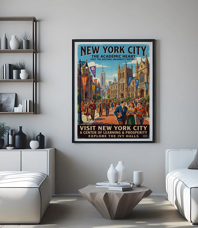 New York City vintage travel poster depicting academic heart WPA style.