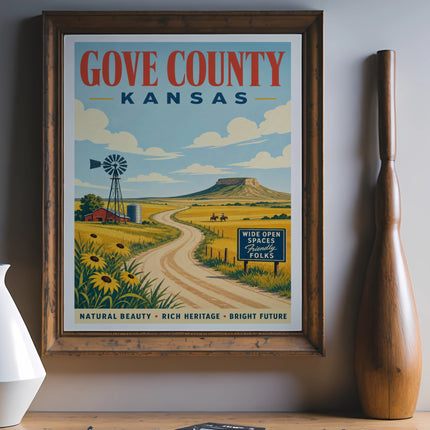 Gove County Kansas poster with windmill, sunflowers, and rolling hills.