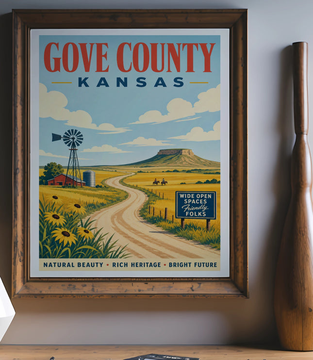 Gove County Kansas poster with windmill, sunflowers, and rolling hills.