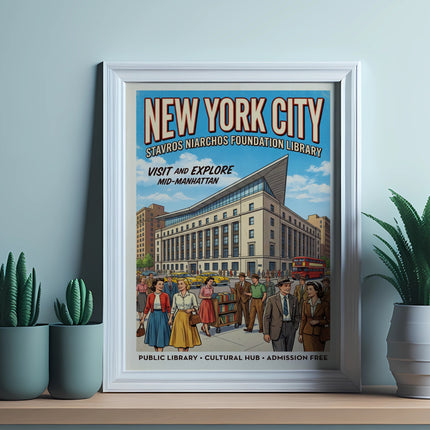 New York City Stavros Niarchos Foundation Library poster with people.