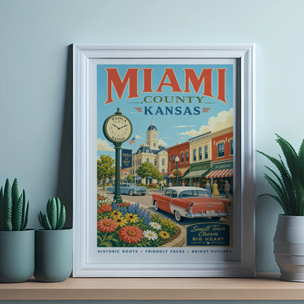 Miami County Kansas vintage poster with Paola town square and car.