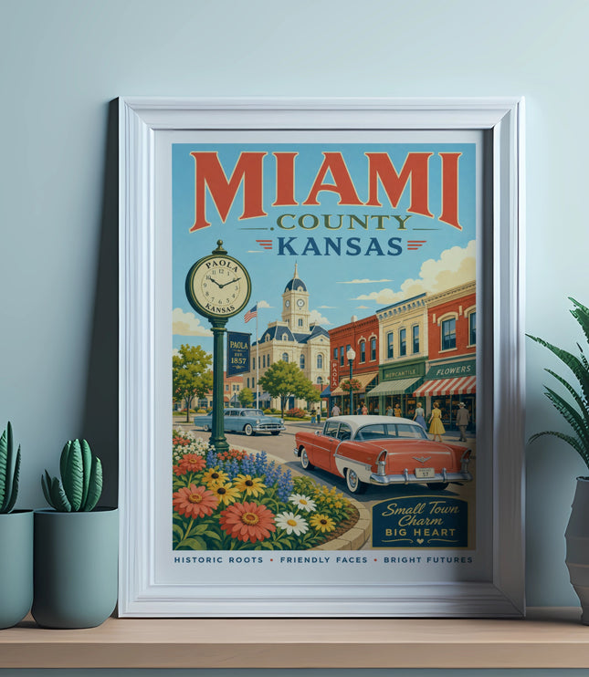 Miami County Kansas vintage poster with Paola town square and car.