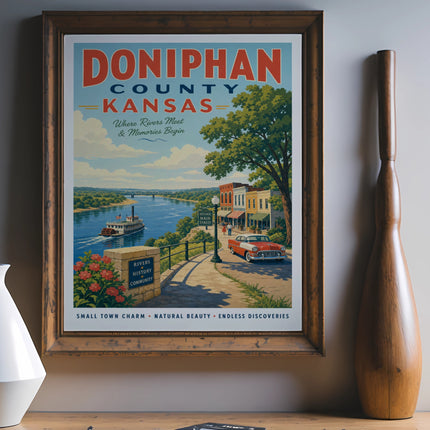 Vintage Doniphan County Kansas travel poster with river scene and historic Main Street.
