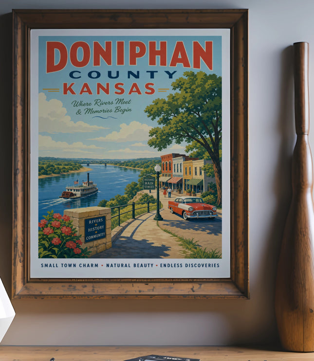 Vintage Doniphan County Kansas travel poster with river scene and historic Main Street.