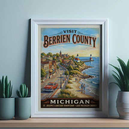 Visit Berrien County, Michigan vintage travel poster with St. Joseph's Lakeside Downtown and Lake Michigan.