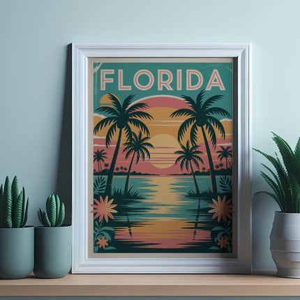 Vintage Florida palm trees at sunset over water.