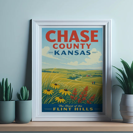 Vintage travel poster for Chase County, Kansas with rolling hills and sunflowers.