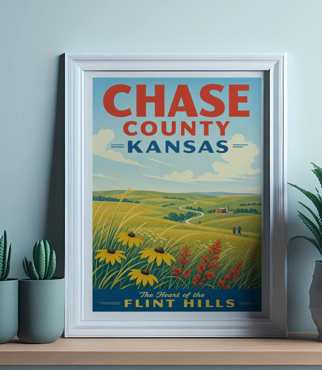 Vintage travel poster for Chase County, Kansas with rolling hills and sunflowers.