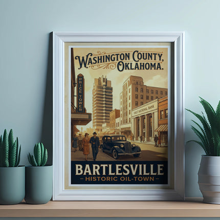 Vintage poster of Bartlesville, Oklahoma, featuring buildings, people, and a car.