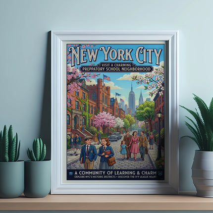 New York City preppy neighborhood poster with "St. Mark's Academy" and buildings.