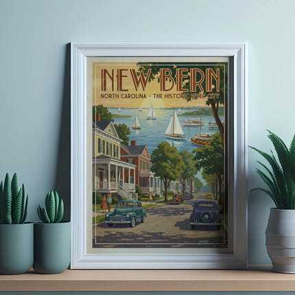 New Bern North Carolina vintage travel poster with sailboats and historic houses.