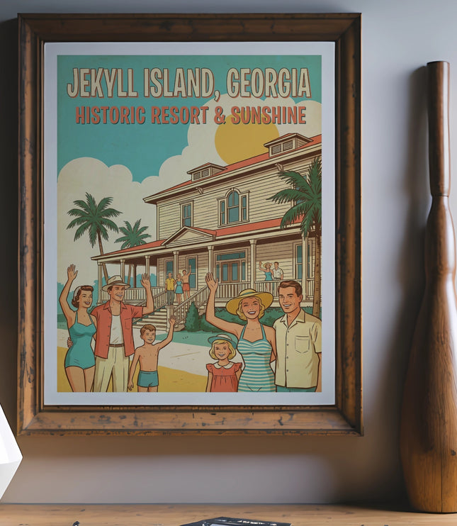 Jekyll Island, Georgia Historic Resort & Sunshine travel poster with a family.
