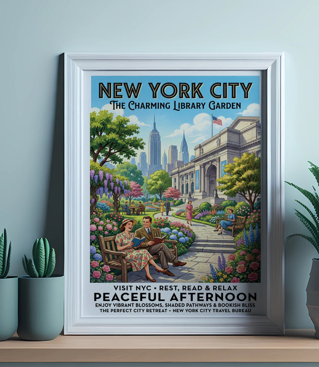 New York City Charming Library Garden poster with couple reading.