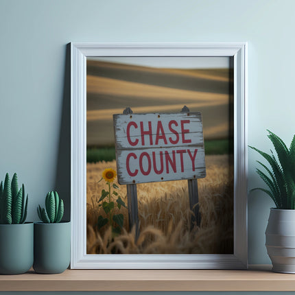 Framed picture shows a Chase County sign in a wheat field with a sunflower.