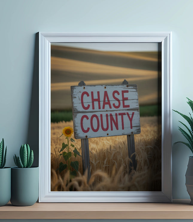 Framed picture shows a Chase County sign in a wheat field with a sunflower.