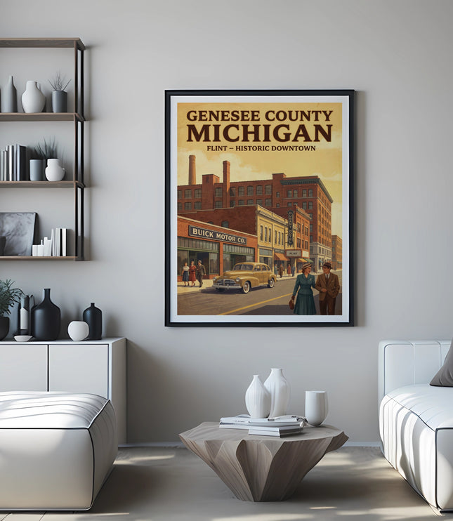 Poster of Genesee County Michigan, Flint Historic Downtown with Buick Motor Co. building.
