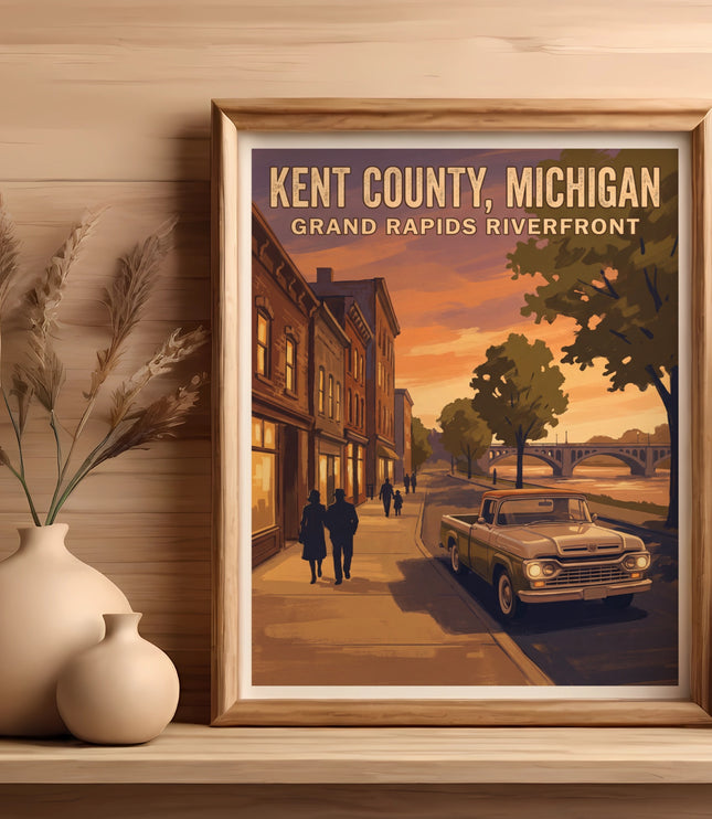 Kent County, Michigan Grand Rapids Riverfront poster featuring vintage truck and bridge.