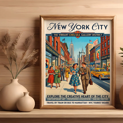 Vintage poster of New York City's Chelsea Gallery District with people and a yellow taxi.