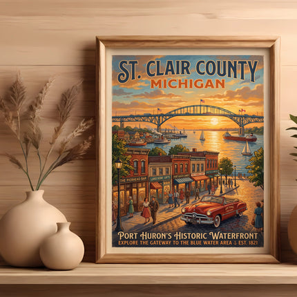 St. Clair County Michigan vintage poster of Port Huron's historic waterfront.