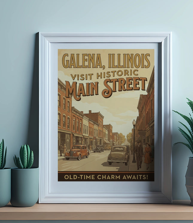 Galena, Illinois poster featuring Main Street with vintage cars and text "Old-Time Charm Awaits!".