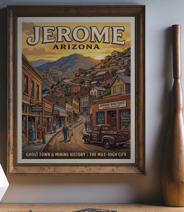 Jerome, Arizona poster depicting a historic town with buildings, vehicles, and text.