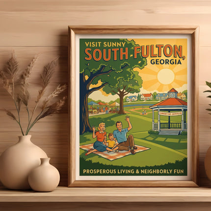 Vintage South Fulton, Georgia travel poster with family in a park setting.