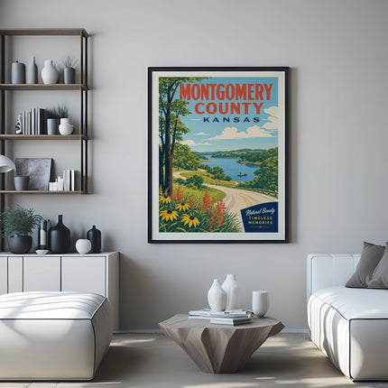 Montgomery County, Kansas travel poster with scenic lake and wildflowers.