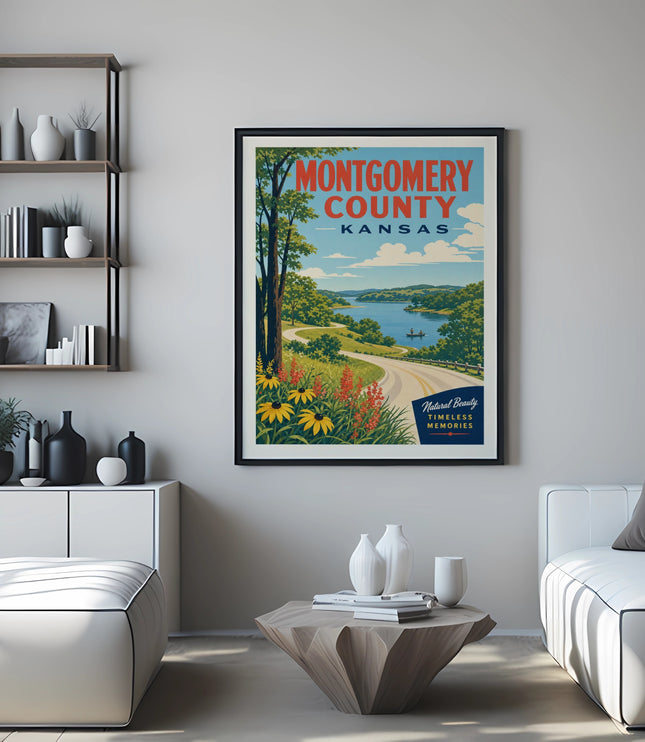Montgomery County, Kansas travel poster with scenic lake and wildflowers.