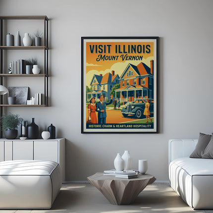 Vintage travel poster for Mount Vernon, Illinois, featuring historic homes and a classic car.