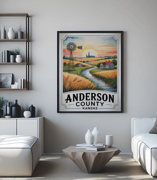 Anderson County Kansas poster with windmill and farm scene.