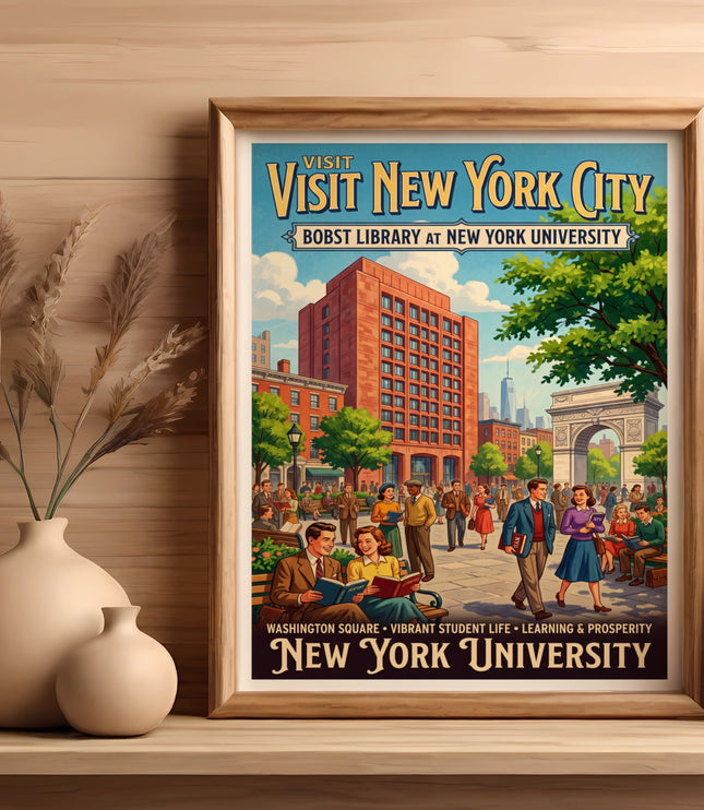 Visit New York City, Bobst Library at NYU, Washington Square, vintage travel poster.