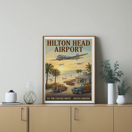 Hilton Head Airport poster featuring vintage planes and cars on a beach with palm trees.