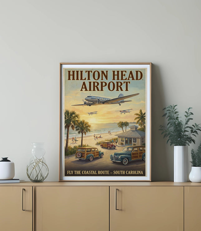 Hilton Head Airport poster featuring vintage planes and cars on a beach with palm trees.