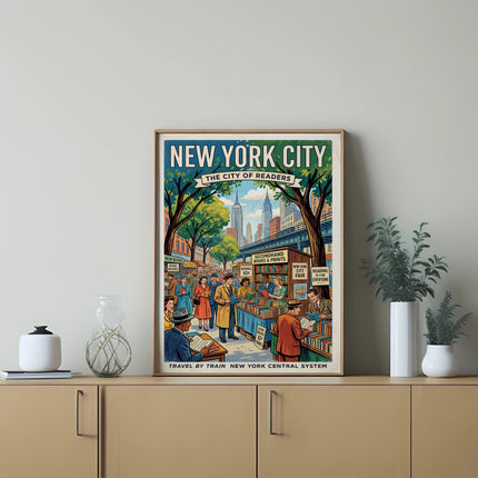 Vintage New York City poster showing people browsing books outside.