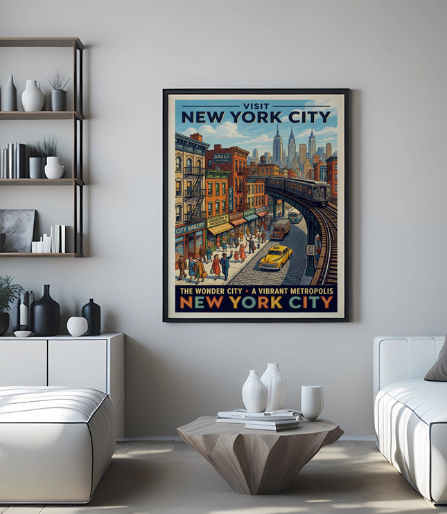 Poster depicting vintage New York City street scene with elevated train and yellow taxi.