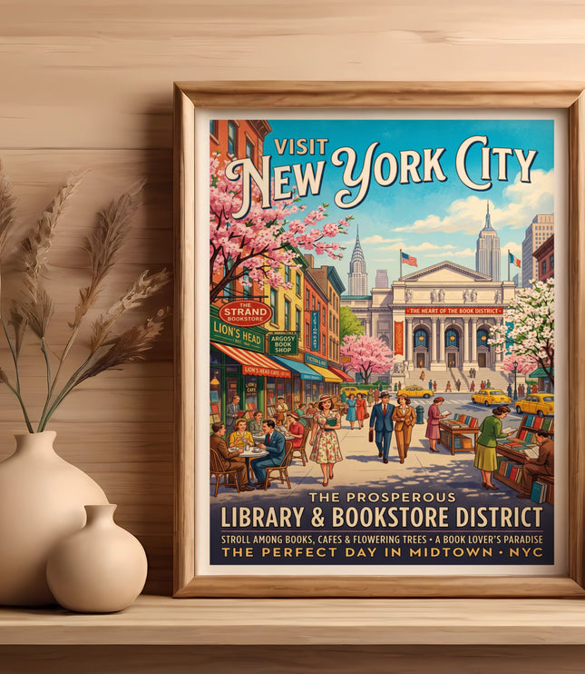 Vintage New York City poster depicting library and bookstore district with cherry blossoms.
