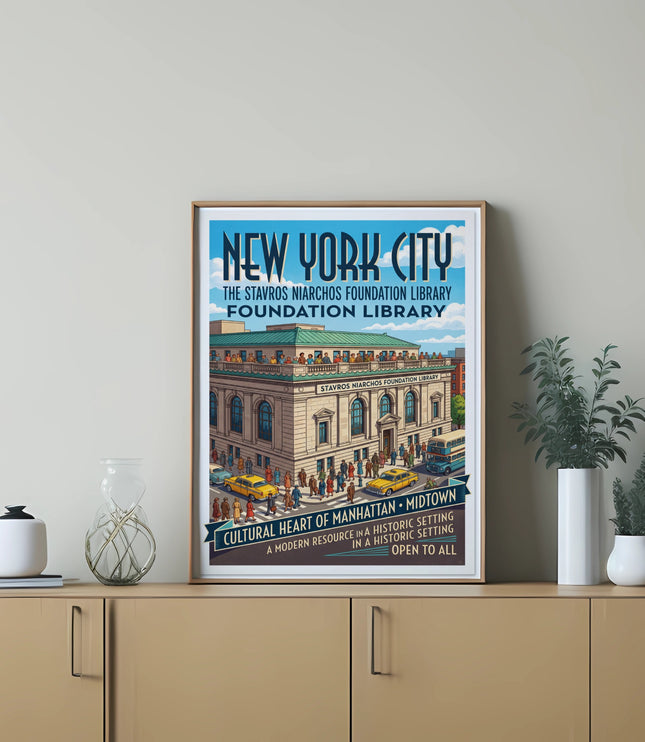 New York City poster featuring Stavros Niarchos Foundation Library, city street scene with yellow cab.