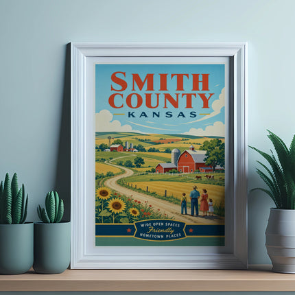 Smith County, Kansas, poster with farmland, sunflowers, and family.