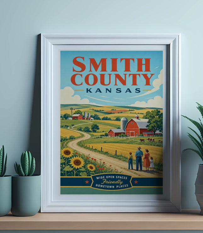 Smith County, Kansas, poster with farmland, sunflowers, and family.