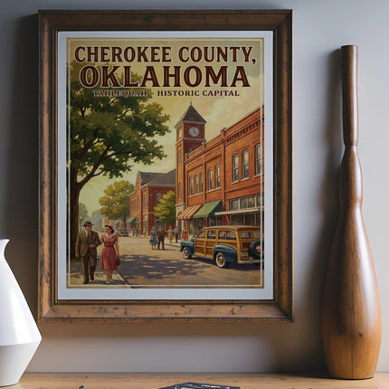 Cherokee County Oklahoma Tahlequah Historic Capital vintage style art print.