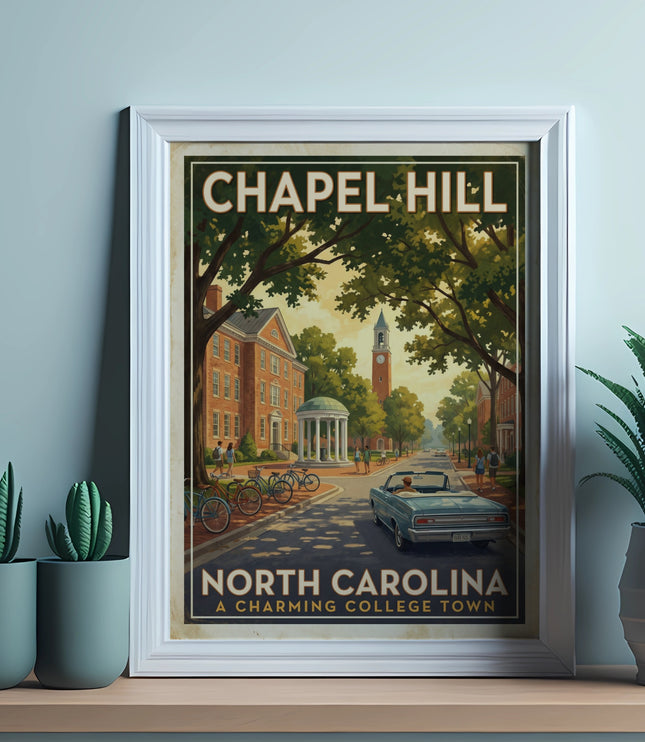 Chapel Hill North Carolina charming college town poster featuring classic architecture and vintage car.