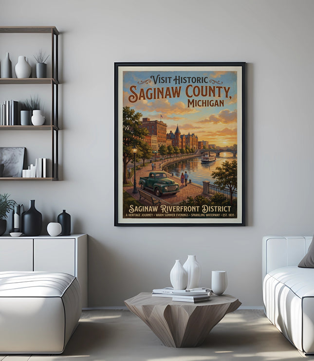 Vintage poster of Saginaw Riverfront District, Michigan, with a green truck.