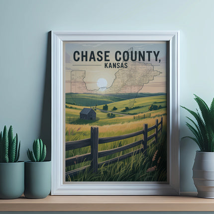 Framed map of Chase County, Kansas with rural landscape.