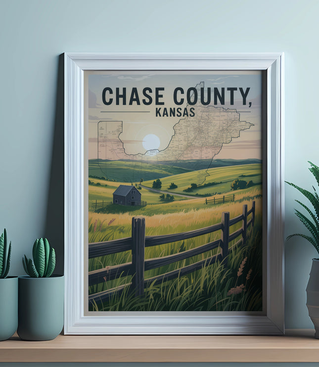 Framed map of Chase County, Kansas with rural landscape.
