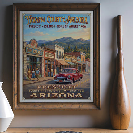 Yavapai County, Arizona art with Prescott, Whiskey Row, and a vintage car.