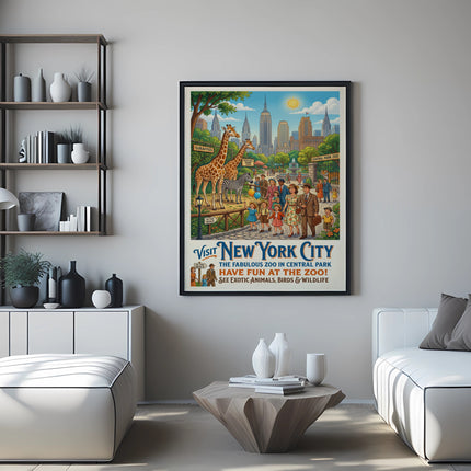 New York City Central Park Zoo poster with giraffes and people.