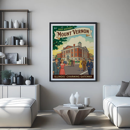 Vintage travel poster for Mount Vernon, Illinois, showing people in front of a historic building.
