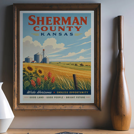 Sherman County Kansas vintage travel poster with silos and sunflowers.