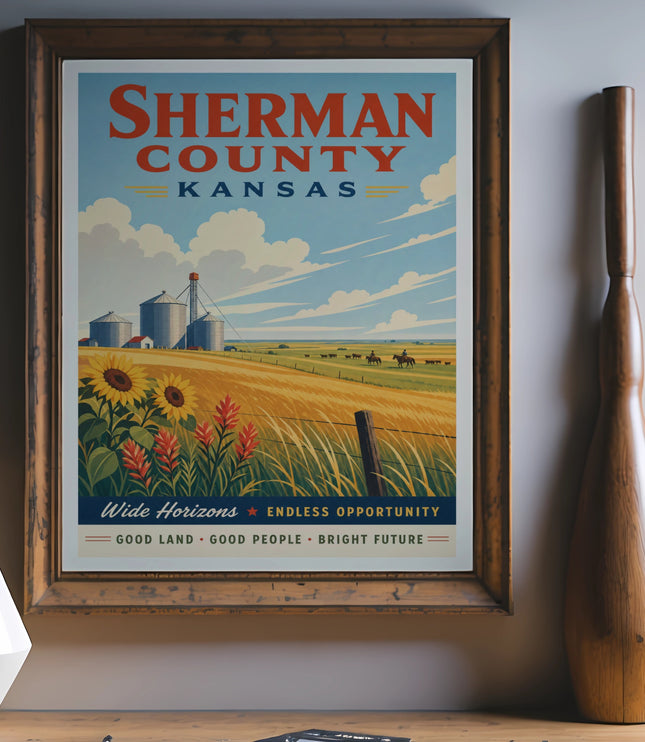 Sherman County Kansas vintage travel poster with silos and sunflowers.